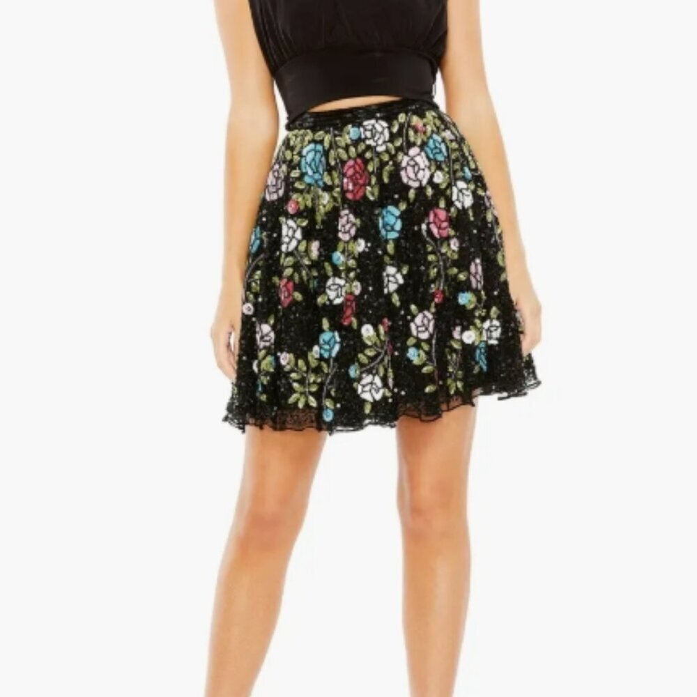 Mac Duggal Sequined Floral Flowy A-line Mini Skirt XS NWT